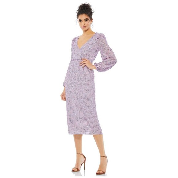 Mac Duggal Sequined Illusion Puff Sleeve V Neck Midi Dress 6 Lavender #8231 - Picture 1 of 8